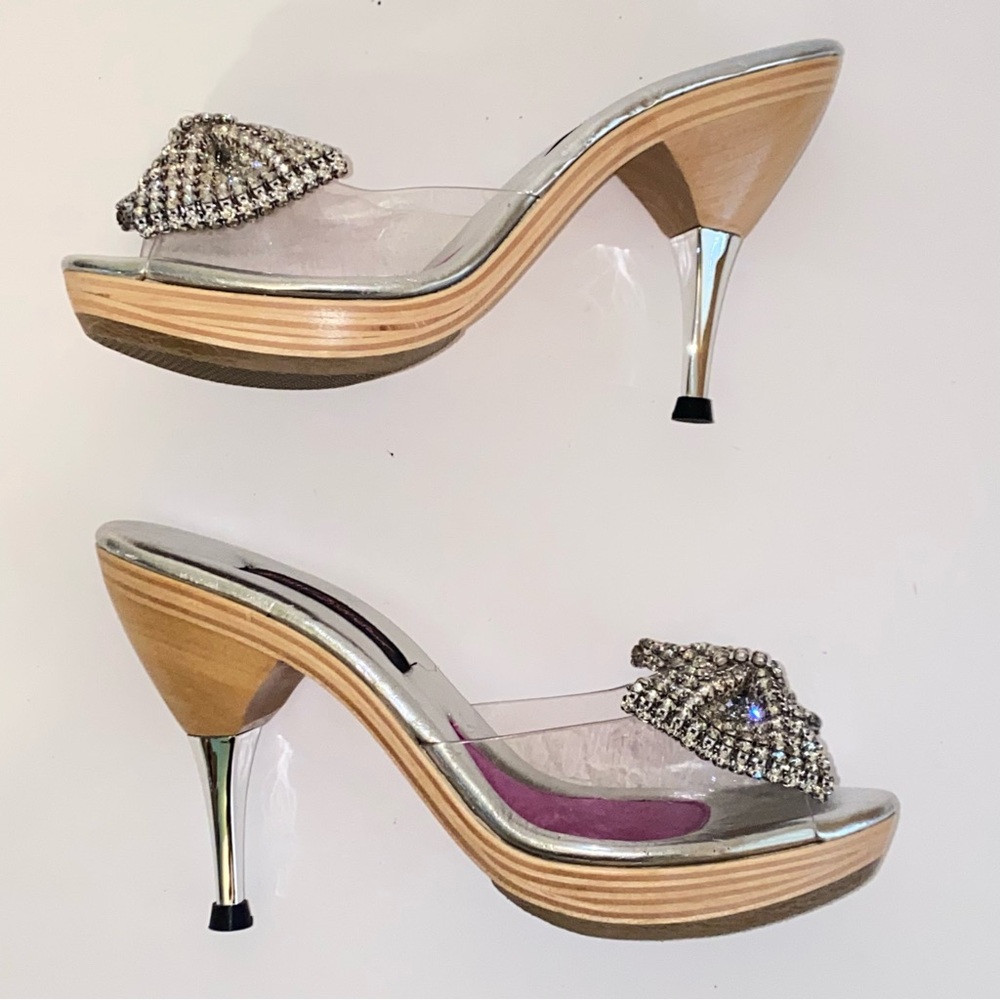Vintage Betsey Johnson Polly Mules Rhinestone Bow Wood Heel Pin Up - Picture 7 of 14